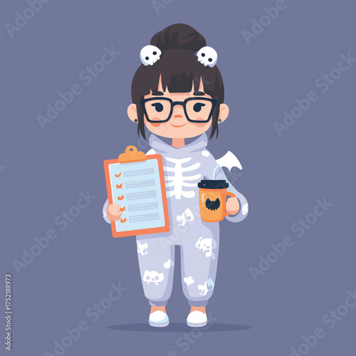 kawaii office intern in skeleton oneside holding a bug list clipboard, oversized glasses, coffee mug with bat icon on it