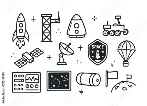 Vector Hand-drawn space exploration icons including rocket, rover, and satellite