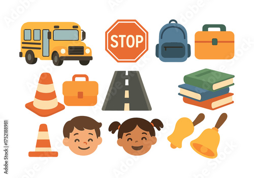 Vector School icons: yellow bus, stop sign, backpack, books, kids, road, traffic cone, bells