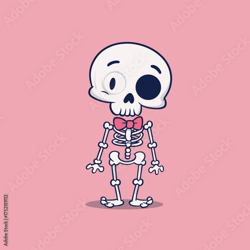 kawaii skeleton with oversized skull, winking eye socket, tiny bones and bowtie