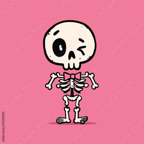 kawaii skeleton with oversized skull, winking eye socket, tiny bones and bowtie