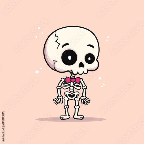 kawaii skeleton with oversized skull, winking eye socket, tiny bones and bowtie