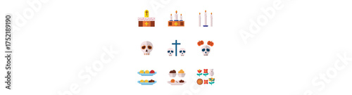 A collection of flat design vector icons representing the Mexican Day of the Dead celebration.