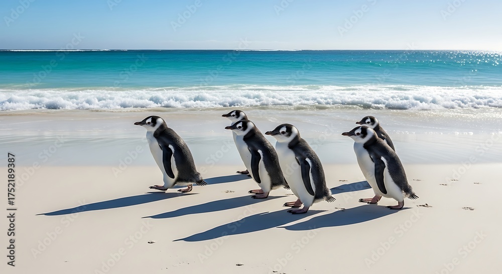 Fototapeta premium Penguins waddling on a sandy beach with turquoise water in the background.