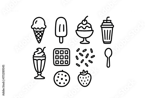 Vector Dessert icon set featuring ice cream, sundae, waffle, and smoothie outlines