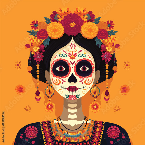 Mexican woman headshot with elaborate Day of the Dead face paint, vibrant colors, marigold crown and skeleton earrings