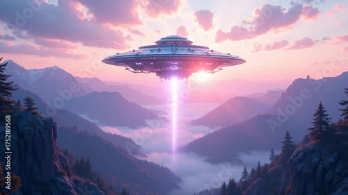 Cinematic UFO in dramatic pink and blue colors, representing an alien invasion over a mountain landscape at dusk