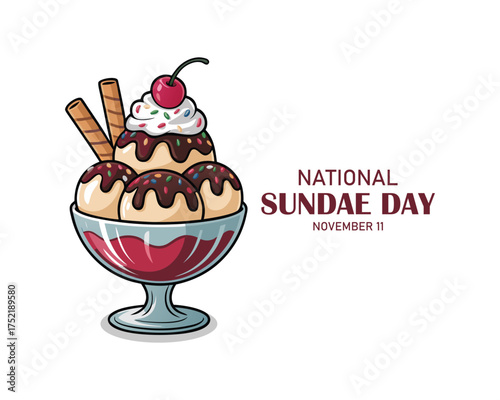 National Sundae Day vector. Chocolate ice cream cup. Decorated ice cream sundae vector. Chocolate sundae with cherry on a pink background.
