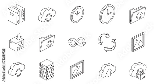 Collection of isometric icons representing cloud computing, data management, and time isolated on transparent background