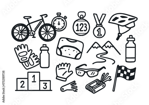 Vector Cycling essentials: bike, helmet, stopwatch, medal, mountains, hydration, flag, gloves, tools