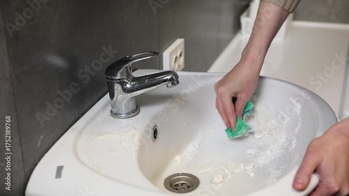 rubbing of a sponge with cleaning powder against a bathroom sink
