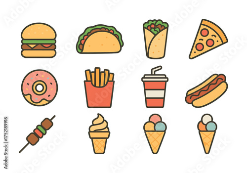 Vector Icon set of fast food items: burger, taco, wrap, pizza, donut, fries, soda, hot dog, skewer, ice cream