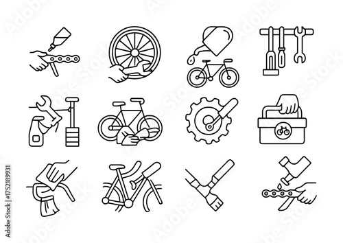Vector Bicycle maintenance tools and repair icons set in minimalist style
