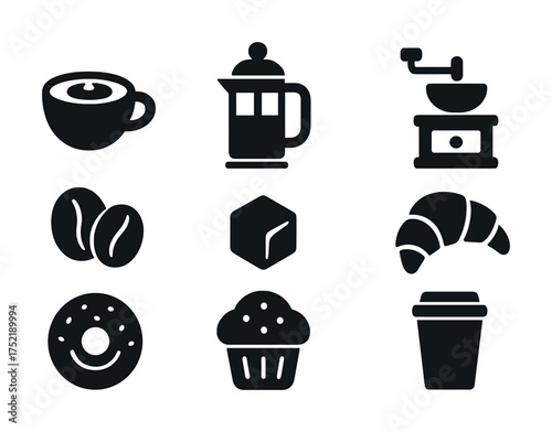 Vector Coffee and bakery icons: cup, french press, grinder, croissant, donut, muffin, sugar cube, to-go cup