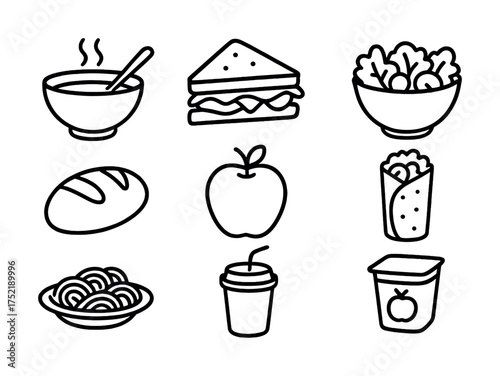 Vector Illustration of diverse food icons: soup, sandwich, salad, bread, apple, burrito, pasta, drink, yogurt