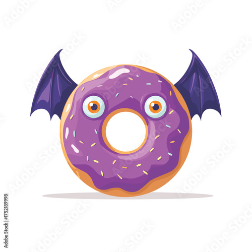 purple frosted donut with bat wings and candy eyeballs halloween dessert