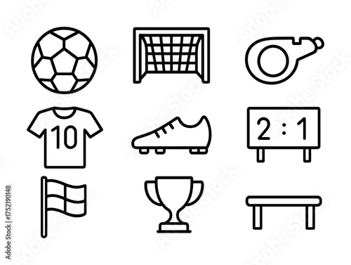Vector Soccer icon set: ball, goal, whistle, jersey, cleat, scoreboard, flag, trophy, bench
