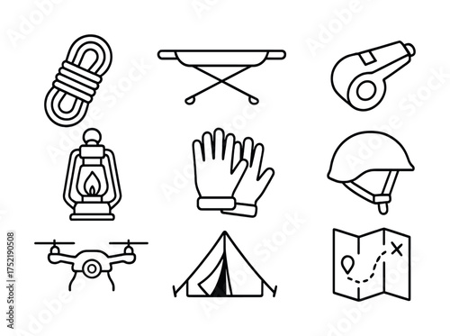 Vector Camping and outdoor adventure icons: gear and equipment essentials