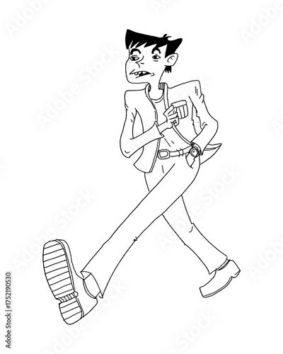 Cartoon man walking quickly with hand in pocke