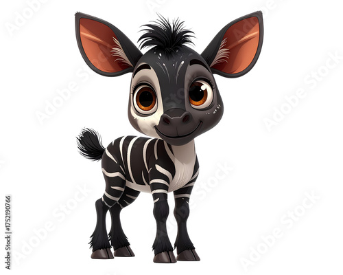 This image shows a cute cartoon okapi. The okapi is standing on a white background a  