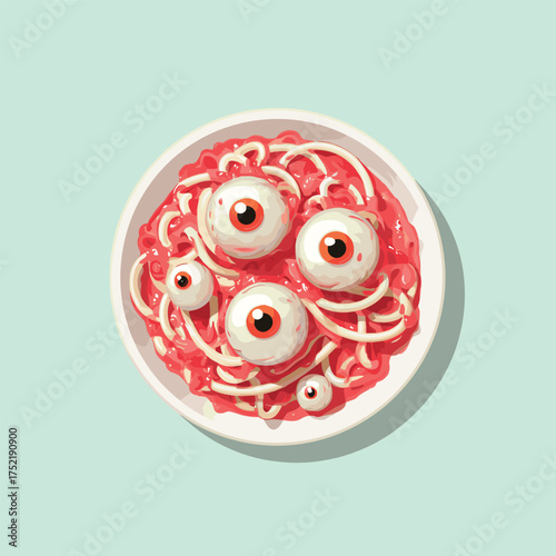 yeball pasta with red sauce and candy eyeballs on top, Halloween spooky food concept