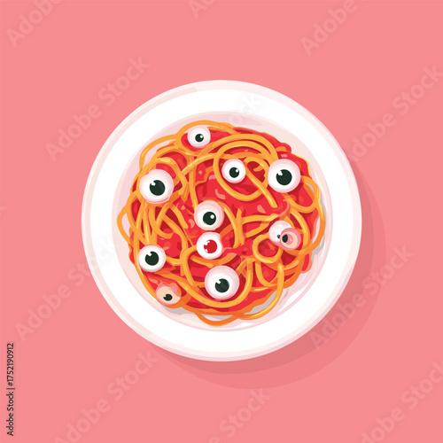 yeball pasta with red sauce and candy eyeballs on top, Halloween spooky food concept