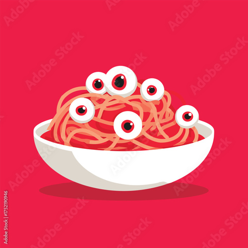 yeball pasta with red sauce and candy eyeballs on top, Halloween spooky food concept