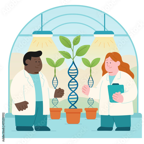 Scientists Discussing Genetically Modified DNA Plants in Greenhouse Laboratory Scene