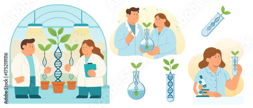 Biotechnology and Genetic DNA Modification Concept with Scientists, Test Tubes and Green Leaves