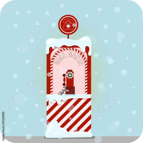 Christmas stall with vintage phone booth to call Santa in flat vector style