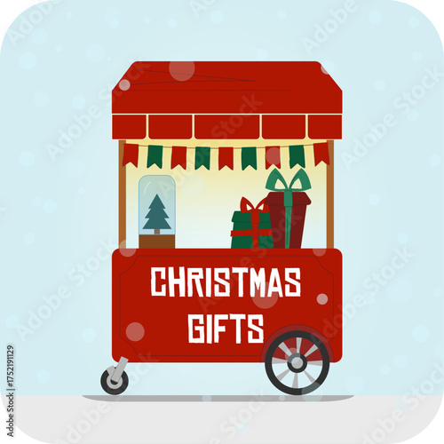 Christmas stall with festive gifts and decorations in flat vector style