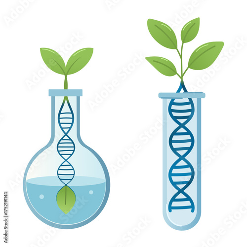 DNA Plant Genetic Engineering Concept with Test Tubes and Green Leaves in Flat Vector Style