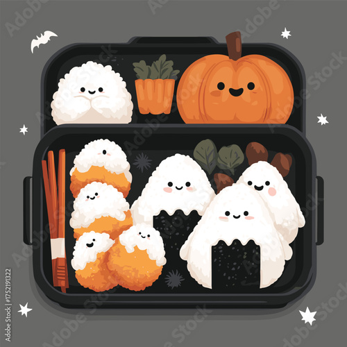 Halloween bento box with pumpkin rice balls, ghost dumplings, and bat-shaped nori sheets