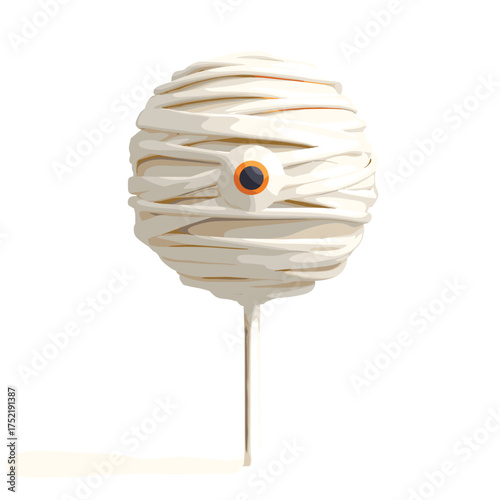 Halloween cake pop shaped like a mummy, bandaged in white chocolate, candy eye peeking out