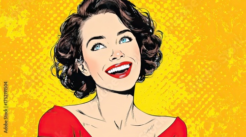 Smiling woman pop art portrait with bright red lips, retro comic style illustration, vibrant yellow background, cheerful expression, and vintage charm.