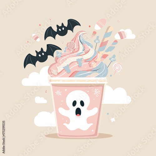 Halloween smoothie in a ghost cup with whipped topping shaped like a skull, candy bats on top