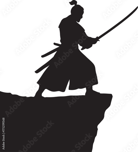 Lone samurai warrior silhouette standing on cliff edge holding katana sword ready for battle dramatic stance