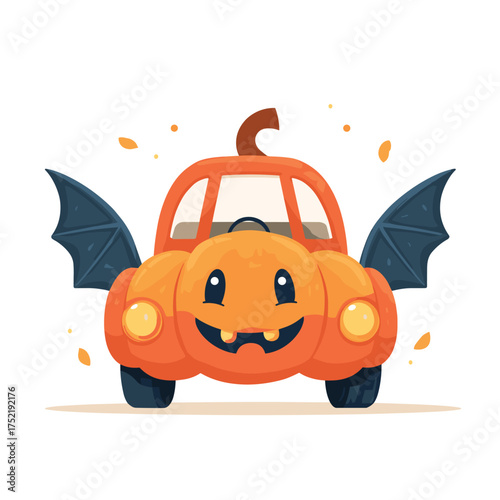 pumpkin-shaped car with bat wings instead of doors, smiling jack-o-lantern face on the hood