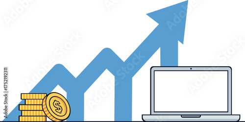 Flat vector illustration showing stacked coins, a laptop, and an upward arrow graph representing business success, financial growth, investment, and economic progress. Minimalist design suitable for f