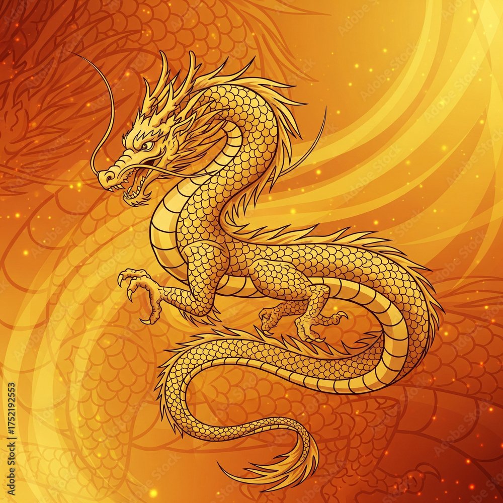 Obraz premium Golden dragon winding in the air, smooth vector, festive feel