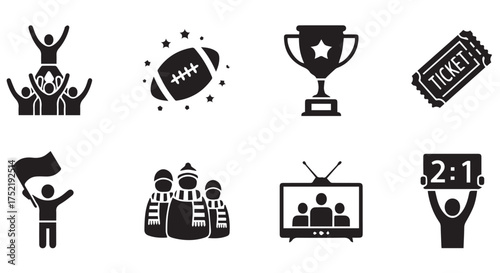 Collection of icons related to sports, games, and fan culture, isolated on transparent background
