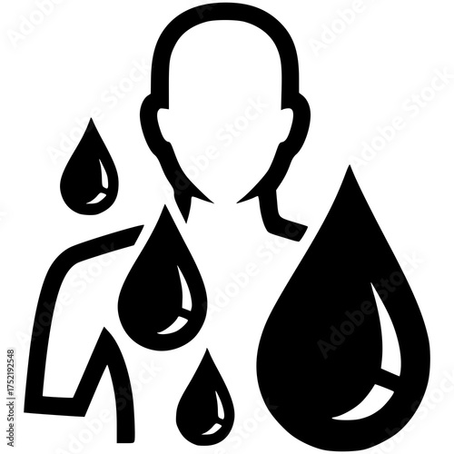 Sweating Person Pictogram: A minimalist illustration of a person with sweat droplets, depicting intense exertion and the body's natural cooling process.