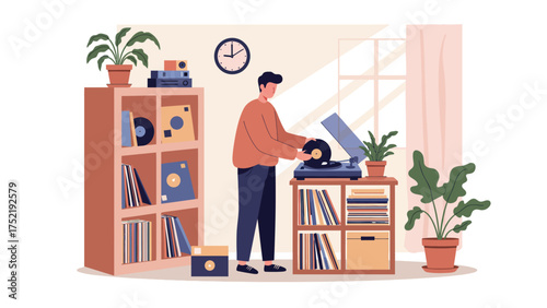 Man playing vinyl record in cozy room with plants and records.