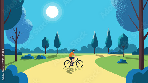 Illustration of a person riding a bicycle on a path through a park on a sunny day.