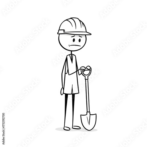 A minimalist stick figure wearing a hard hat stands with a shovel looking dejected and tired.