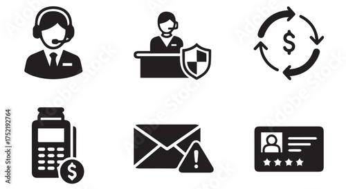 Set of customer service and security icons including headset, desk, and credit card machine isolated on transparent background