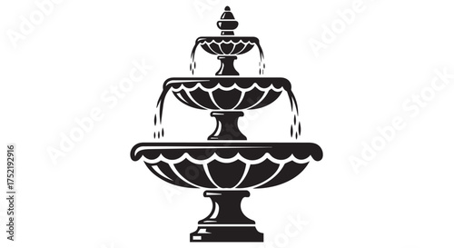 A black and white illustration of a tiered fountain with water flowing isolated on transparent background