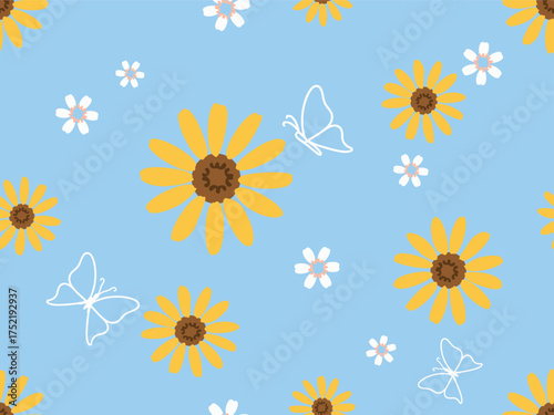Yellow daisies and white butterflies seamless pattern on sky blue, playful spring floral repeat with small white blossoms and warm brown centers for fabric, wrapping and cheerful decor.