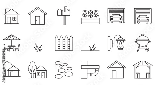 Collection of line art icons representing house and garden elements isolated on transparent background