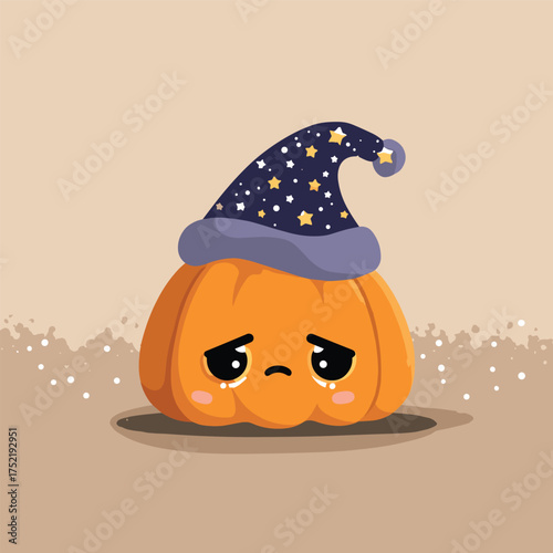 sleepy jack-o-lantern with droopy eyes, wearing tiny nightcap with stars, kawaii bedtime expression